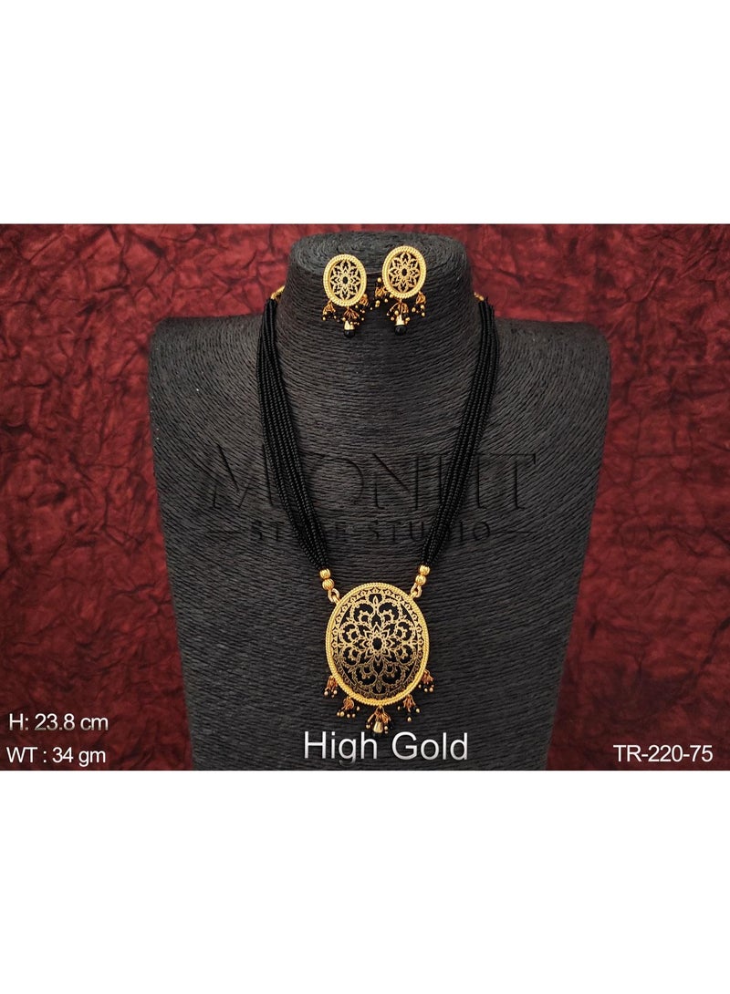Gold Plated Black Bead Necklace Set with Round Filigree Pendant